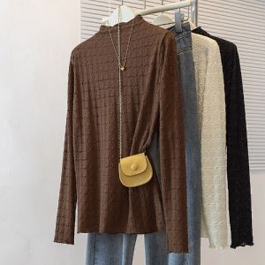 Elegant Unique Half High Collar Long Sleeve Womens T-shirt Inner Wear Belly Cover Slimming Base Shirt Top for Autumn