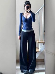 กางเกงขายาวทรงหลวมเอวสูงสีดำ ทรงสปอร์ต ทรงลำลอง สำหรับผู้หญิง ฤดูใบไม้ผลิและฤดูใบไม้ร่วง กางเกงขายาวทรงหลวมสำหรับนักเรียน ทรงหลวม ทรงหลวม ทรงหลวม