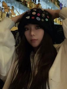 Cool Five-Color Button Knitted Hat Womens Autumn Winter Personality Tumultuous Hat Face Slimming Knitted Hat Couple Cold Hat