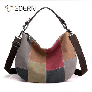 EDERN 2025 New Retro Patchwork Canvas Shoulder Bag for Women Fashion Ladies Handbag Large Capacity Womens Crossbody Bag Hobo Bag