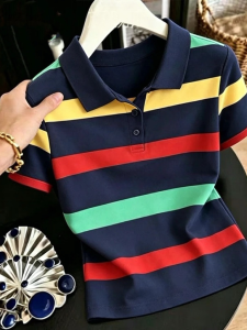 HUAXUNRAN | Áo Thun Polo Sọc Giảm Cân Kích Cỡ Lớn Thời Trang Hè