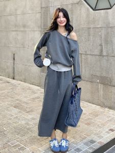 YINLUOYA | Fashionable Casual Style Hoodie Set Skirt Womens 2025 Autumn New High Waist Midi Skirt Two-Piece Set Asymmetrical Design