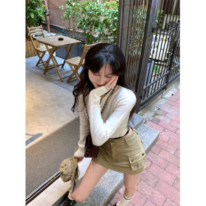 Váy Ngắn Công Sở Cạp Cao Màu Kaki Cho Nữ Mùa Hè Váy Denim Mini Gợi Cảm Hở Eo Váy Chữ a Có Túi Cho Nữ