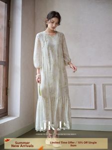JK＆JS | Slanted Collar Chinese Knot Hemp Silk Printed Cheongsam Dress