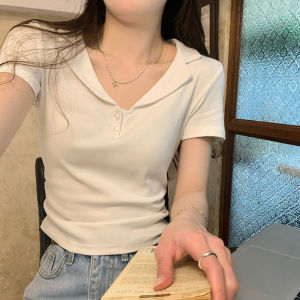 French Polo Collar Short Sleeve T-Shirt Womens Slim Fit Summer Top Shoulder Length Baring Meat Concealing Hot Girl Short Style