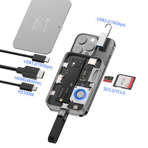 Blueendless | Blueendless 8 In HUB M.2 2230 2242 2280 Magnetic NVME SSD Docking Station 10Gbps 100W PD 4K60HZ HDTV SSD Enclosure Cooling Fan