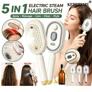 KEBETEME 5 In 1 Electric Steam Hair Brush Spray Massage Clean Hair Care Styling Comb Portable Anti-Tangle Self-Cleaning Scalp Massager Hair Brush for Women Dry Damaged Hair