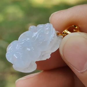 High Quality Icy Translucent Natural Type A Jadeite Jade crafted as Pixiu set with 18k Gold Clasp as Pendant certificate weighs 6.18 grams measurement 22.3 * 14.3 * 10.7 mm (18kp57)