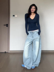 American Retro Knife Edge Jeans Womens Autumn Winter Low Waist Loose Straight Leg Wide Leg Floor Length Scythe Pants