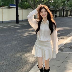Ge·an·fei | Elegant French White Long Sleeve Waist Cinched A-line Short Dress