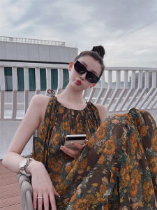 Summer Beach Vacation Floral Print One-Shoulder Strap Long Dress Womens Bohemian Style High Waist A-Line Gown without Sleeve