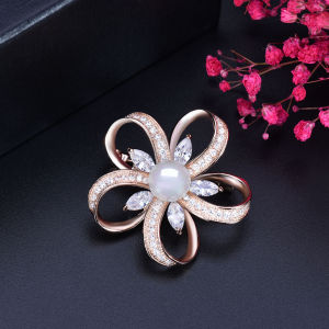 SEQUITO Elegant Cubic Zirconia Flower Brooch Pins with Natural White Shell Pearl Brooches Women Wedding Dress Accessories BP001