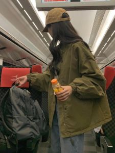 Military Green Workwear Jacket Womens Casual Stand Collar Windbreaker Spring Autumn New Style Popular Streetwear