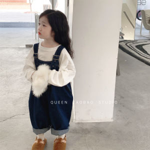 Childrens Soft Denim Overalls Spring Autumn New Style Girls Retro Jean Overalls Baby Long Pants Loose Waist Button Closure