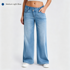 Muyafei Women’s Wide Leg Jeans Crossover Waist High Rise Stretch Denim Loose Fit Casual Vintage Streetwear Fashion Trendy Daily
