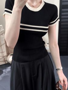 Ice Silk Knitted Short Sleeve T-Shirt Womens Summer Waist-Cinching Vintage French Style Round Neck Top Color Block Stripe Design