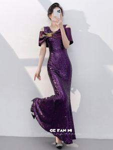Luxury Womens Evening Gown Wedding Party Elegance Host Mermaid Glitter Long Dress Purple