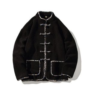 Thickened Lamb Fur Mens Long Sleeve Jacket with Embroidered Buttons New Chinese Style Tang Costume Winter Outerwear White