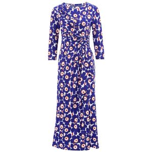 MY TENO | Elegant Blue Floral Print Dress Round Neck Gathered Waist French Style Womens Fashion Spring Autumn Season Polyester Fiber