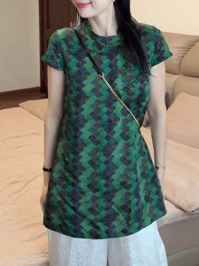 Shalldoer | Retro Chinese Style Womens Short Sleeve T-Shirt Loose Fit Summer New Plus Size Plaid Split Casual Round Neck Top