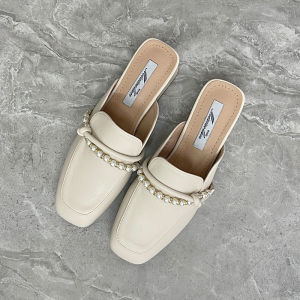 Womens Thick Heel Slip-On Slippers Soft Bottom Mules Spring New Style Easy Wear Single Shoes Korean Style Bead Element