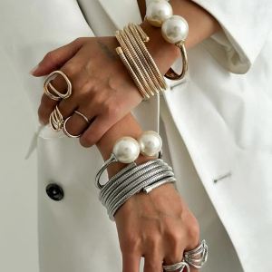 Ingemark | Ingemark Retro Trendy Gold Color Imitation Pearl Chunky Bangles Women Punk Geometric Stacking Bangle Party Aesthetics Jewelry