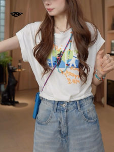 Cartoon Rabbit Print Short Sleeve T-Shirt Womens Casual Style Summer New Versatile Slim Fit Batwing Sleeve Top Cotton Blend