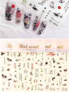 5D Relief Chinese Style Nail Art Stickers Ink Wash Boat Mountain Poem Lotus Flower Orchid Fairy Crane Calligraphy Nail Stickers
