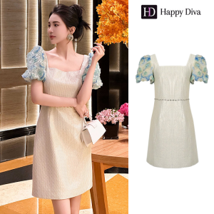 Happy Diva เดรสผู้หญิง เดรสสีขาว เดรสทรงเอ เดรสคอเหลี่ยม เดรสทำงาน เดรสไฮโซ เดรสวินเทจ เดรสออกงาน เดรสปาร์ตี้ ชุดราตรี 15060