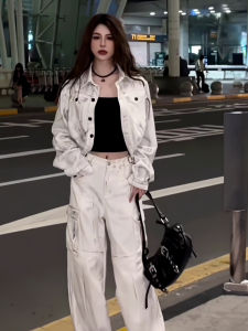 Retro Womens Suit High Waist Casual Pants Jacket Two-Piece Set Vintage Stand Collar Workwear Style Early Autumn Collection