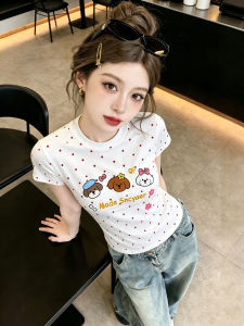 Polka Dot Cartoon Dog Print Cotton Slim Fit Summer Womens T-shirt