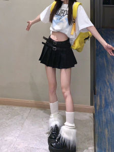 plus Size Womens Black Pleated Mini Skirt High Waist Design Double Belt Anti-Light A-Line Meat Covering Half Body Skirt