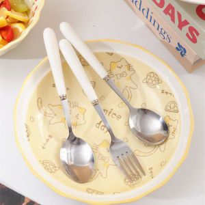 Creative Ceramic Stainless Steel Spoon Fork Set for Eating And Drinking Soup Cute round Sharp Spoon Western Dining Utensils