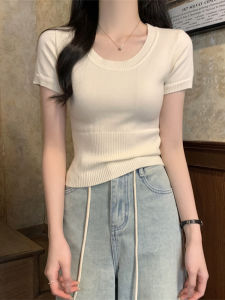 Chic Pure Desire U-neck Shoulder-Length T-shirt Women Summer New Slim Fit Spicy Thin Knitted Short Sleeve Beautiful Small Top