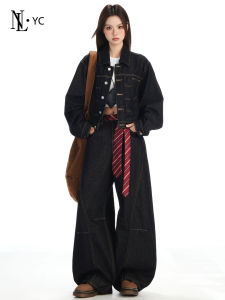 American Deep Blue Curved Knife Jeans Womens Loose Fit Retro High Waist Trousers Casual Wear Autumn New Style Versatile Wide Leg Pants