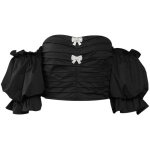 TAMMY TANGS | Sweet And Spicy Butterfly Knot Lantern Sleeve Short Shirt Womens Fashion Summer Cotton Blend Shirt With Diamond Detail