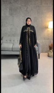Abaya Arab Turkey Mewah Benazir Bordir Depan Belakang Jersey Kombinasi Ceruty