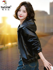 Black PU Leather Jacket Womens Spring Autumn Short Zipper Style Commute Fashion TUCANO Brand Motorcycle Coat Hat Included