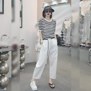 Shalldoer | Fashionable Casual Womens Round Neck Striped Short Sleeve T-Shirt Loose Wide Leg Pants Two-Piece Set Summer 2025 New Arrival