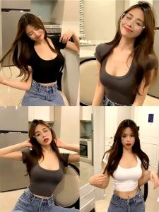 Korean Dress🎉เสื้อยืดเปลือยสะดือ❤️ เซ็กซี่ สั้นมาก ตัดต่ำ เสื้อยืดคอยู แขนสั้นแฟชั่นใหม่