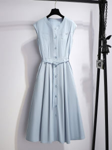 LANQIONG | New Round Neck Sleeveless Blue Dress Elegant Luxurious Summer