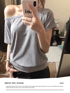 FASHLOVER Solid Color Short Sleeved T-shirt Loose Off-the-shoulder Design Sense Top Versatile