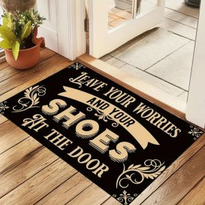 VIKAMA Chic Humorous Message Carpet "Leave Shoes At Door" Retro Ornate Pattern Entryway Floor Mat Living Room Home Decor Mat