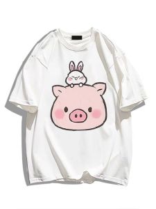 Áo Thun Cotton Thông Thường Có In Hình Lợn Hoạt Hình Dành Cho Nam Và Nữ Wen Xun Phong Cách Hồng Kông Dáng Rộng Phù Hợp Với Mùa Hè Hàng Đầu Ins