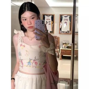 Áo Ba Lỗ Ren Thắt Nơ Phong Cách Mỹ Cho Nữ Áo Ba Lỗ Bó Sát Thiết Kế Tay Ngắn Họa Tiết Động Vật Mùa Hè 2025 Áo Ba Lỗ Thường Ngày