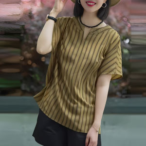 UYFY | Áo thun lụa Pháp cỡ lớn màu kaki kẻ sọc dọc cổ tròn rộng rãi đa năng cho nữ mùa hè phong cách công sở thường ngày