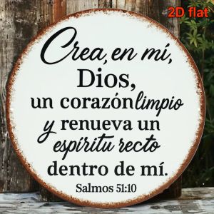 Vintage 2.8x8in Spanish Aluminum Sign Psalm 51:10 Christian Wall Decor for Church Office