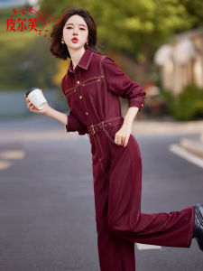 Angola Red Denim Overalls Womens Spring Autumn Casual Workwear Wide Leg Pants One Piece Suit Button Pocket mid Waist Nine Points