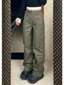 High Waist Military Green Work Pants Womens Spring New Style Multi Pocket Wide Leg Casual Trousers Vintage American Retro