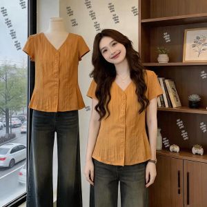 Áo Sơ Mi Cổ V Ôm Body Tay Ngắn cho Nữ